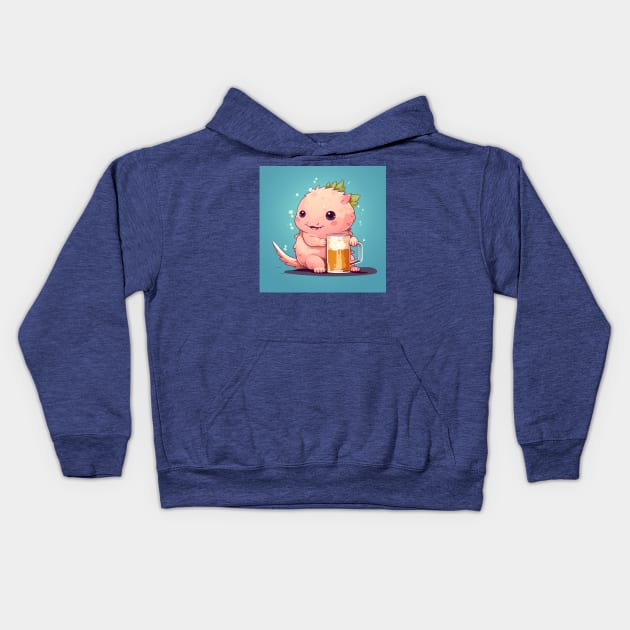 Cute axolotl drinking beer Kids Hoodie by MilkyBerry